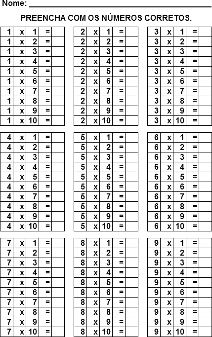 tabuadas para completar – LABDODANILO